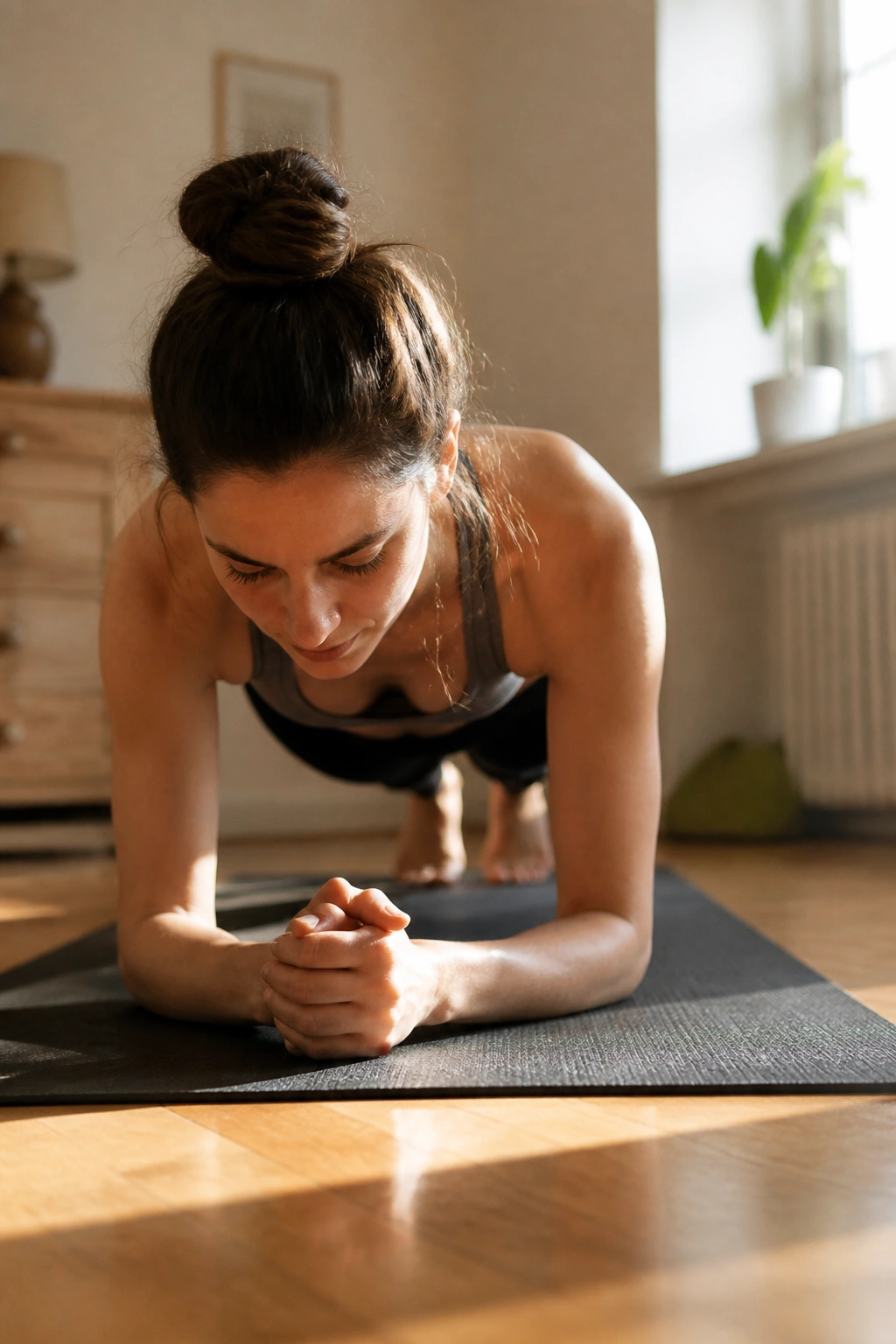 Person doing a simple 15-minute workout on a yoga mat in a cozy home