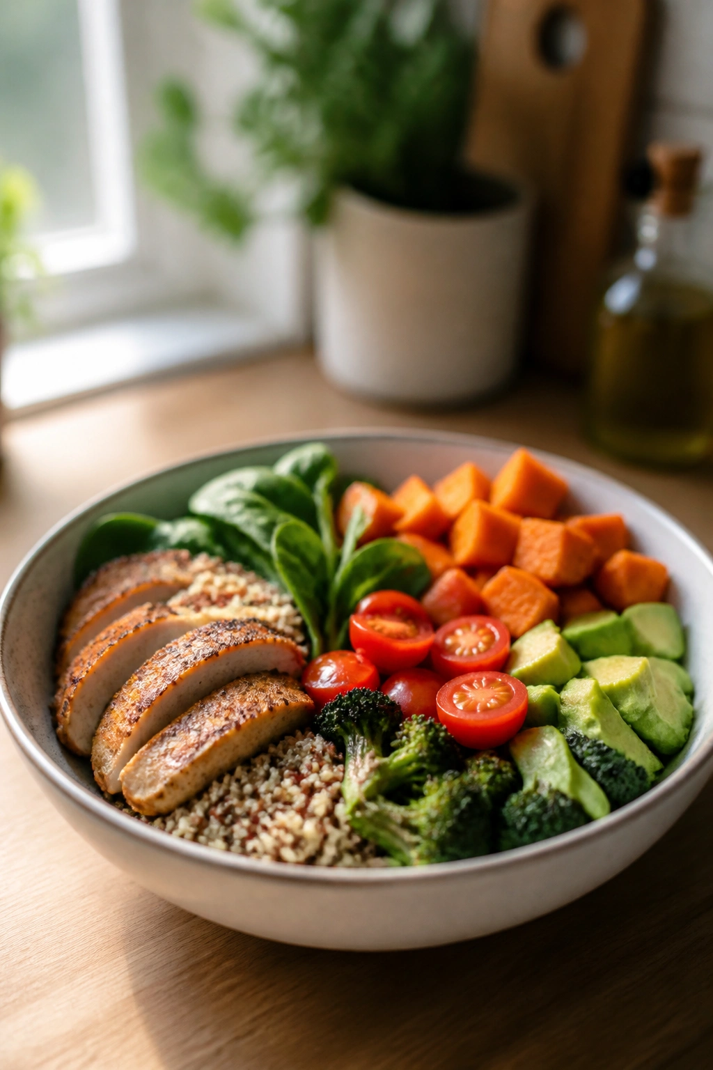Close-up of a balanced, smaller lunch bowl on a kitchen counter