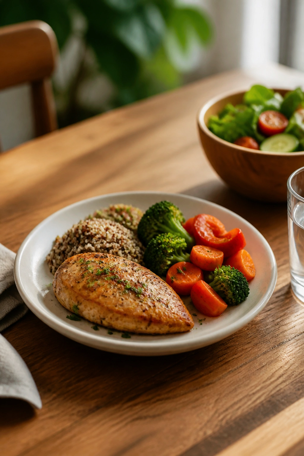 Small dinner plate with a balanced meal on a home dining table