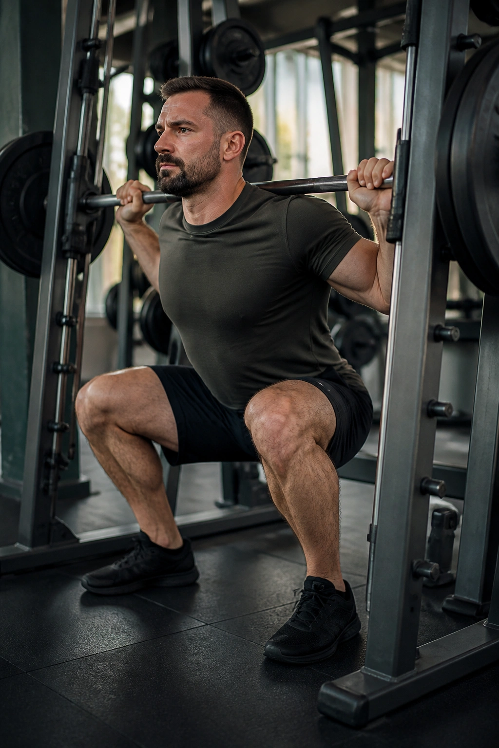 Close-up of a lifter performing a Smith machine back squat in a gym