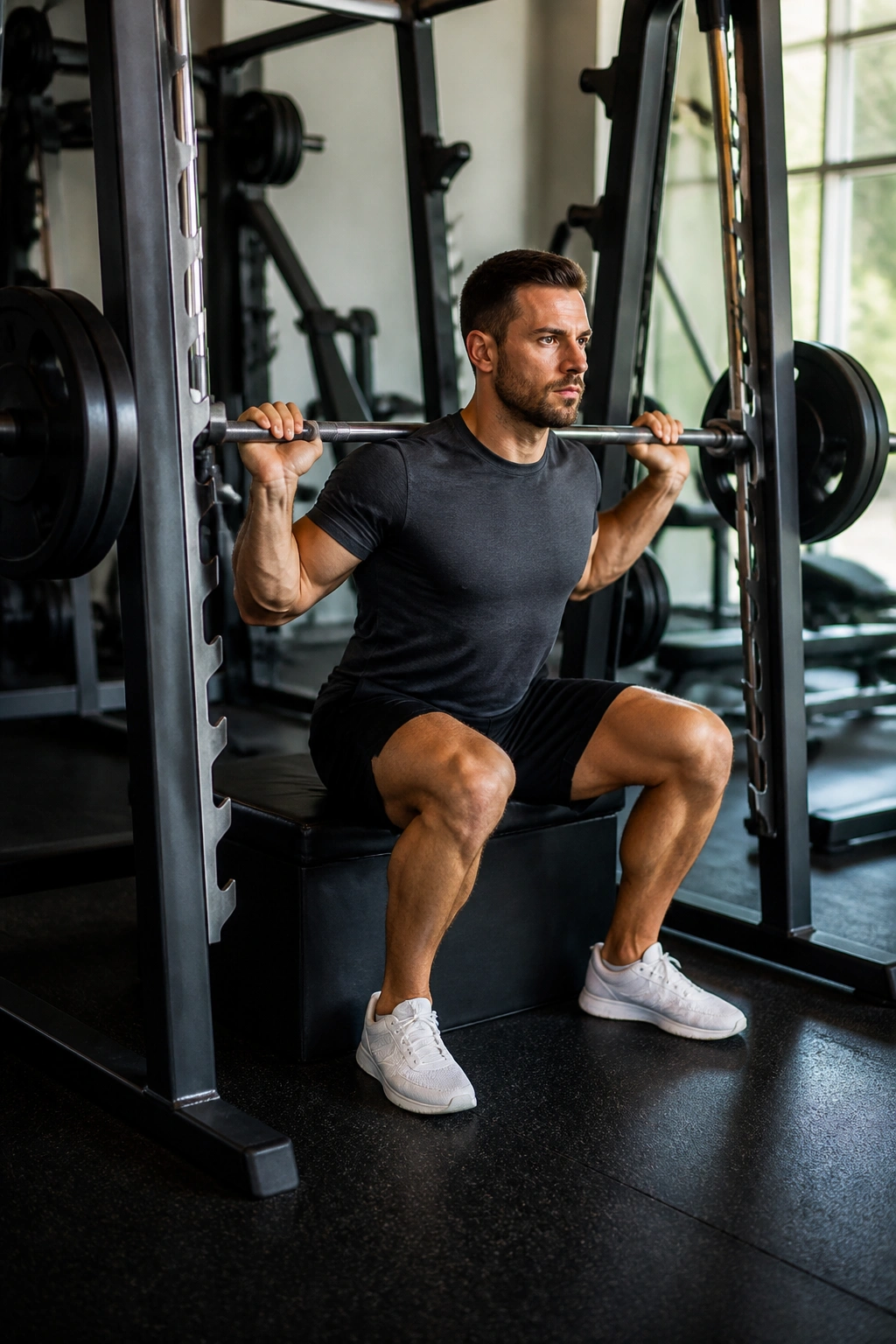 Close-up of lifter performing Smith machine box squat with a box