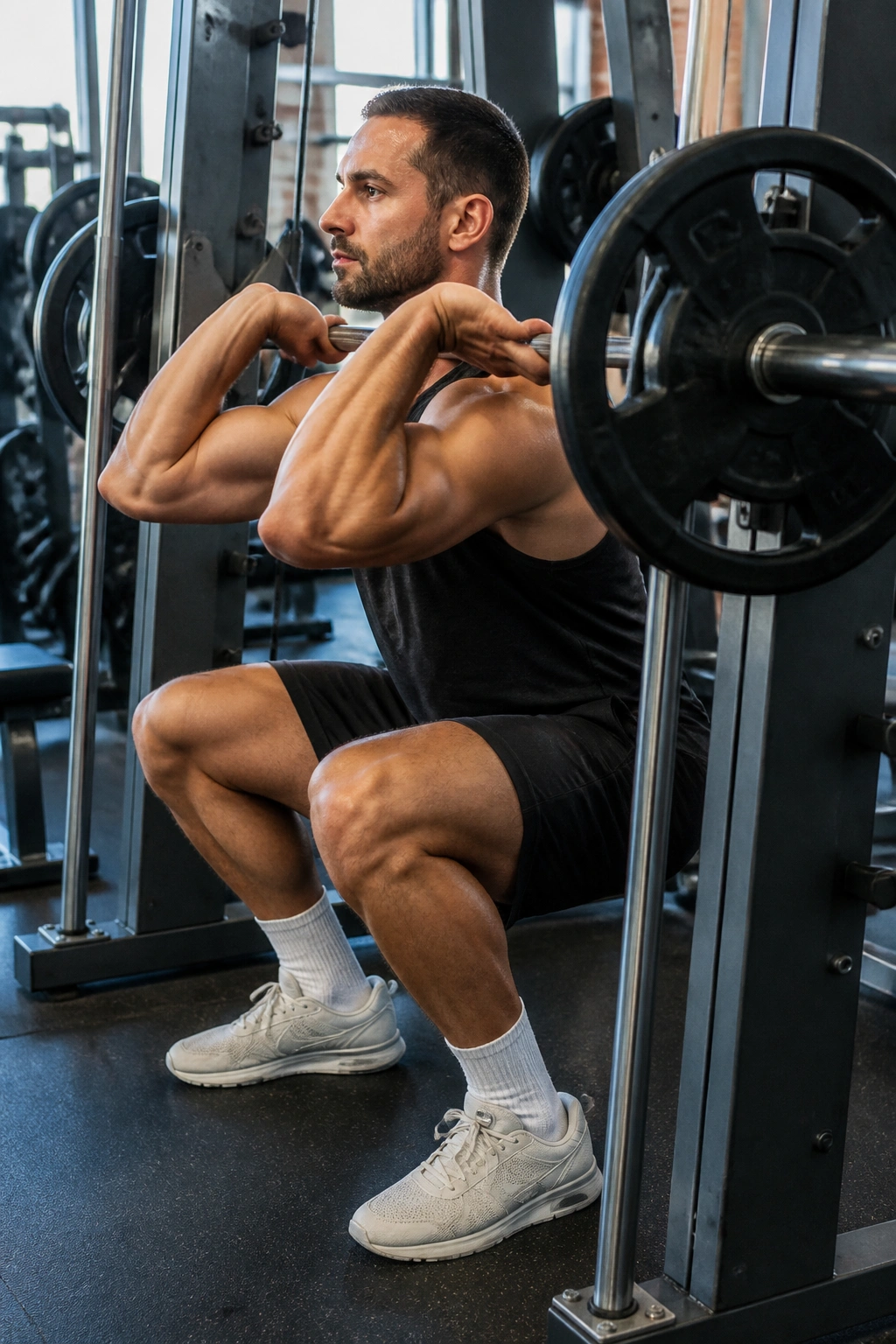 Close-up of a lifter performing a Smith machine front squat with upright torso