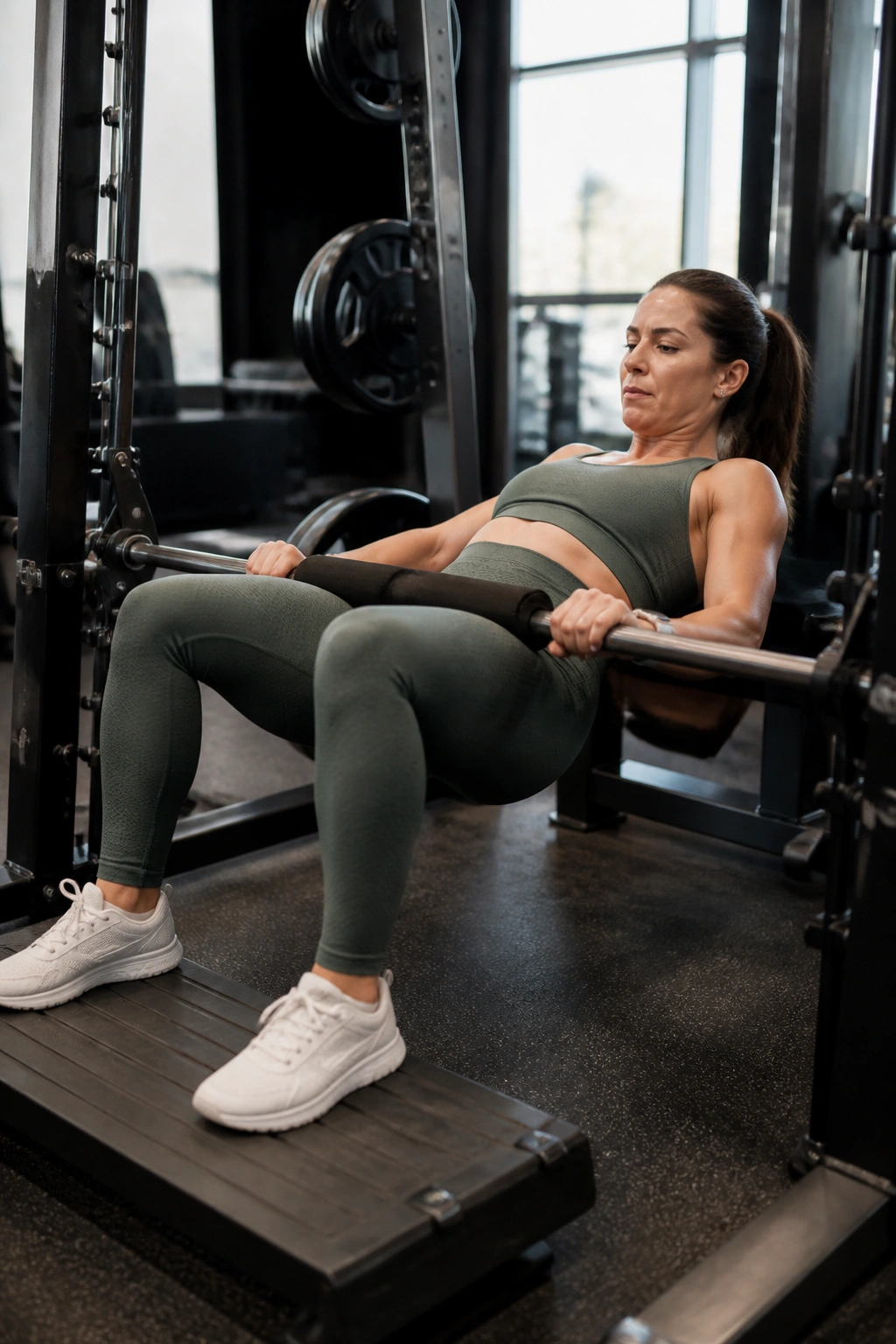 Close-up of a real person performing Smith Machine Glute Bridge in a gym