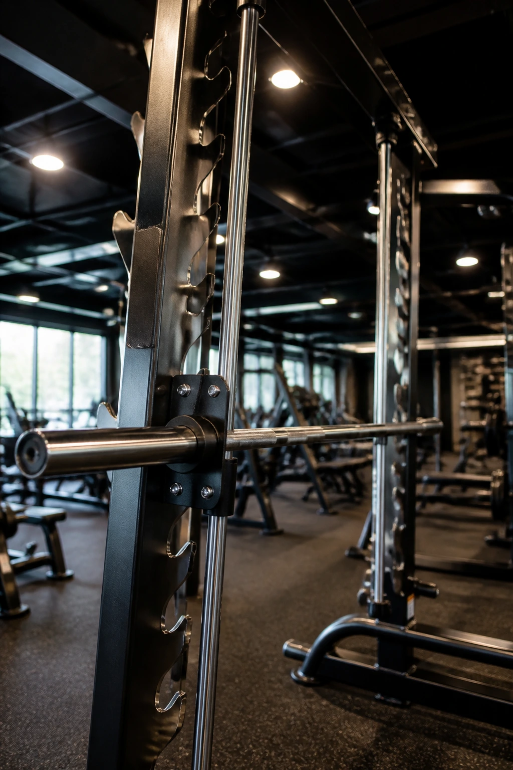 Close-up of a Smith machine bar and rails in a gym, bar path clearly visible