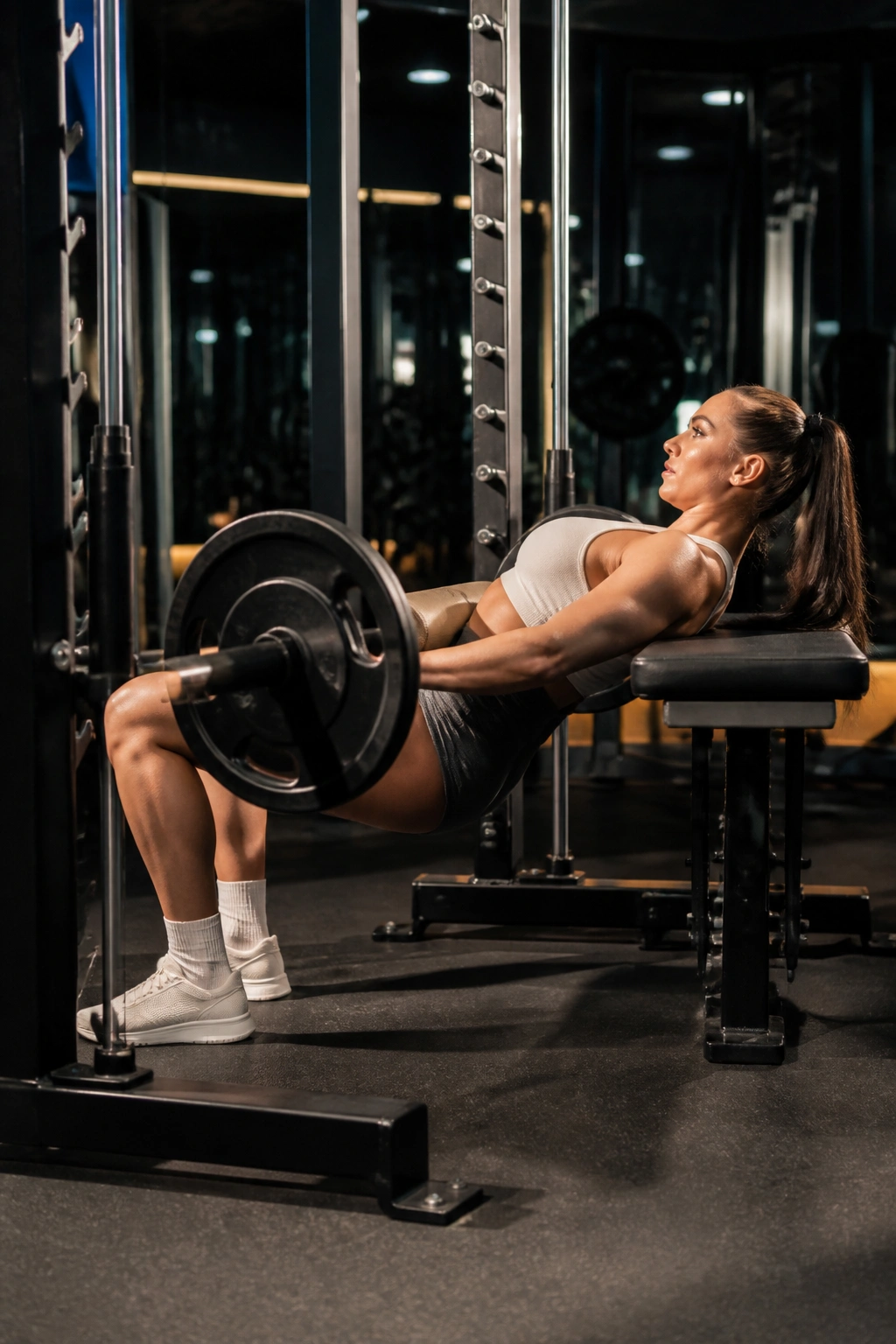 Lifter performing hip thrust on Smith machine in gym
