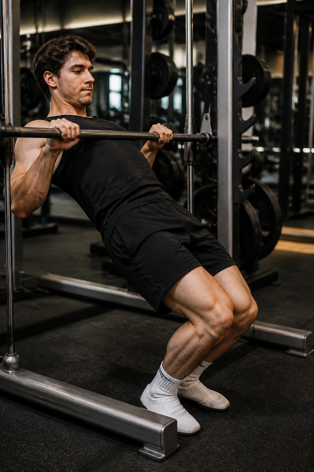 Real lifter performing Smith Machine Sissy Squat with torso leaning back and knees forward in gym