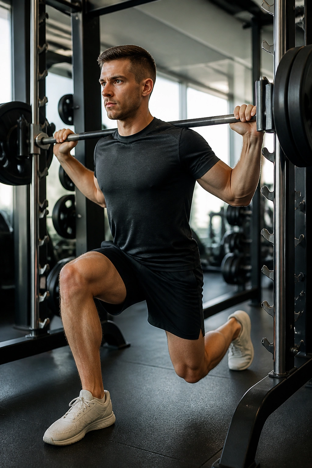 Close-up of lifter performing Smith Machine Split Squat in a gym