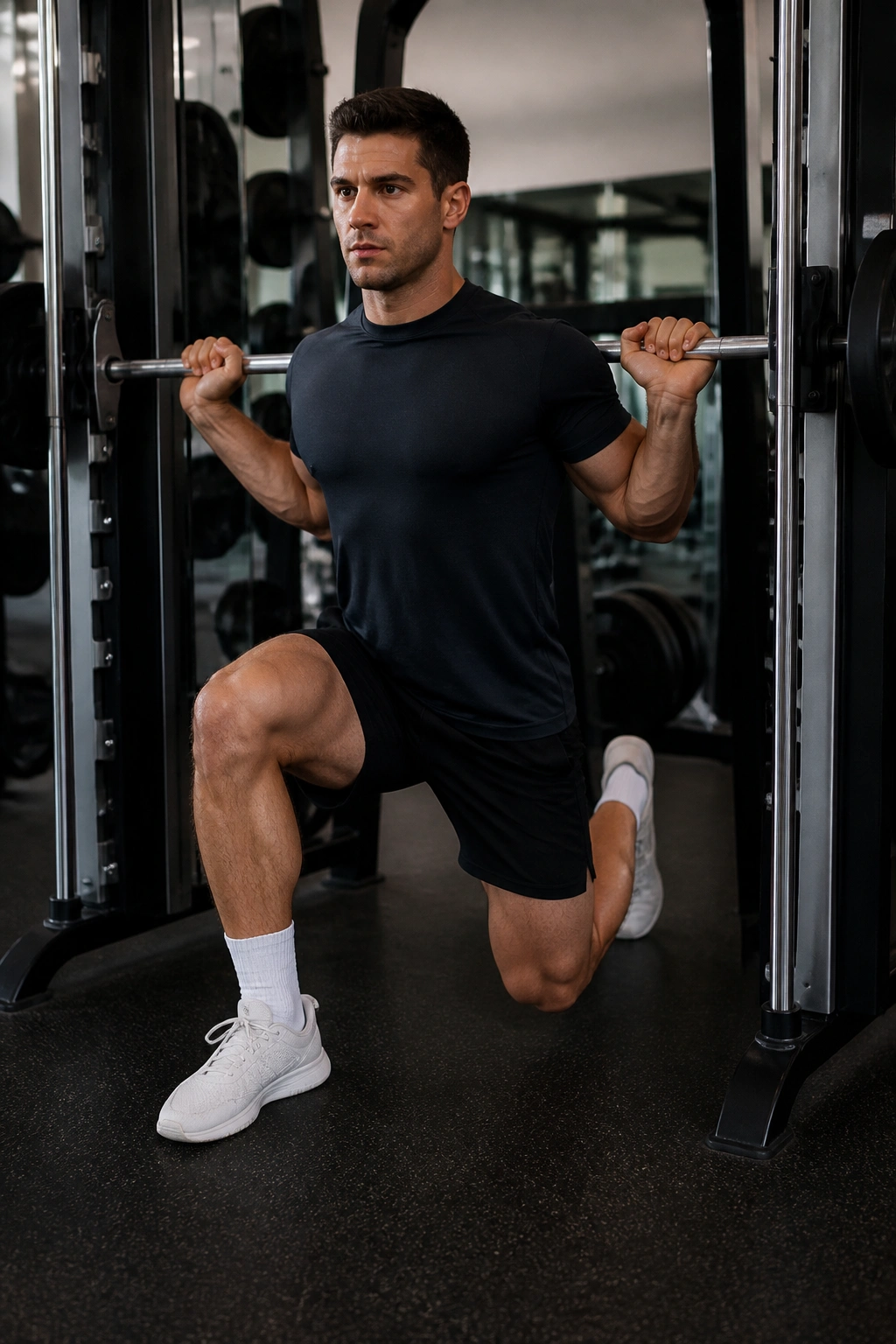 Lifter performing Smith machine split squats in a gym, with machine visible