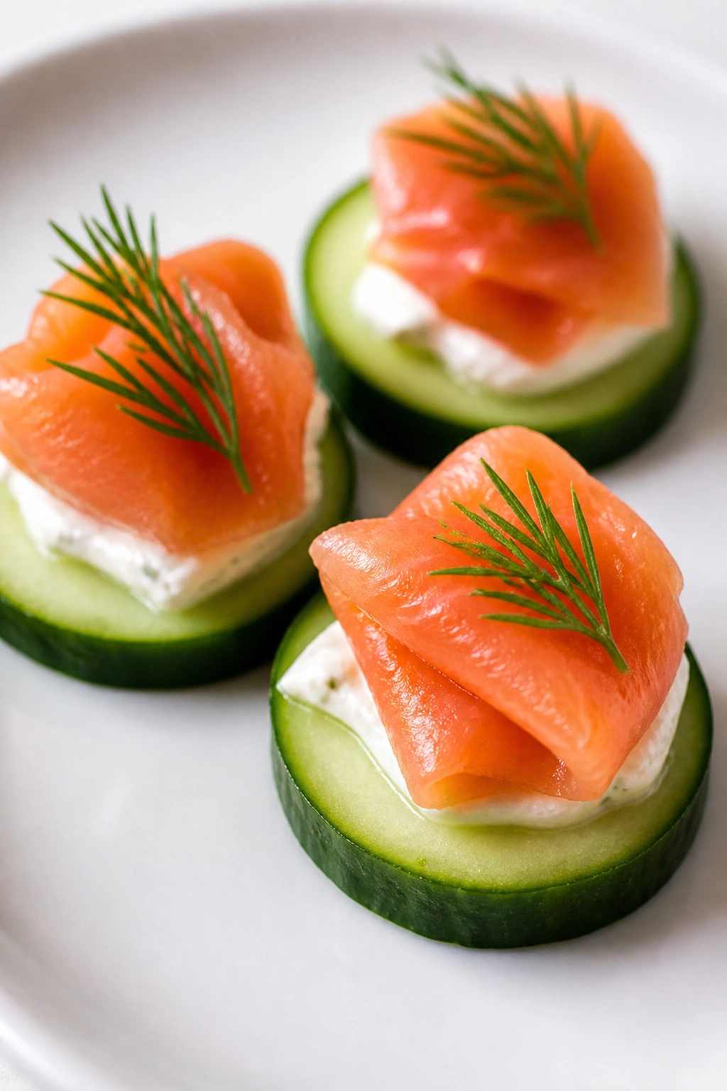 Close-up of smoked salmon cucumber bites on a plate