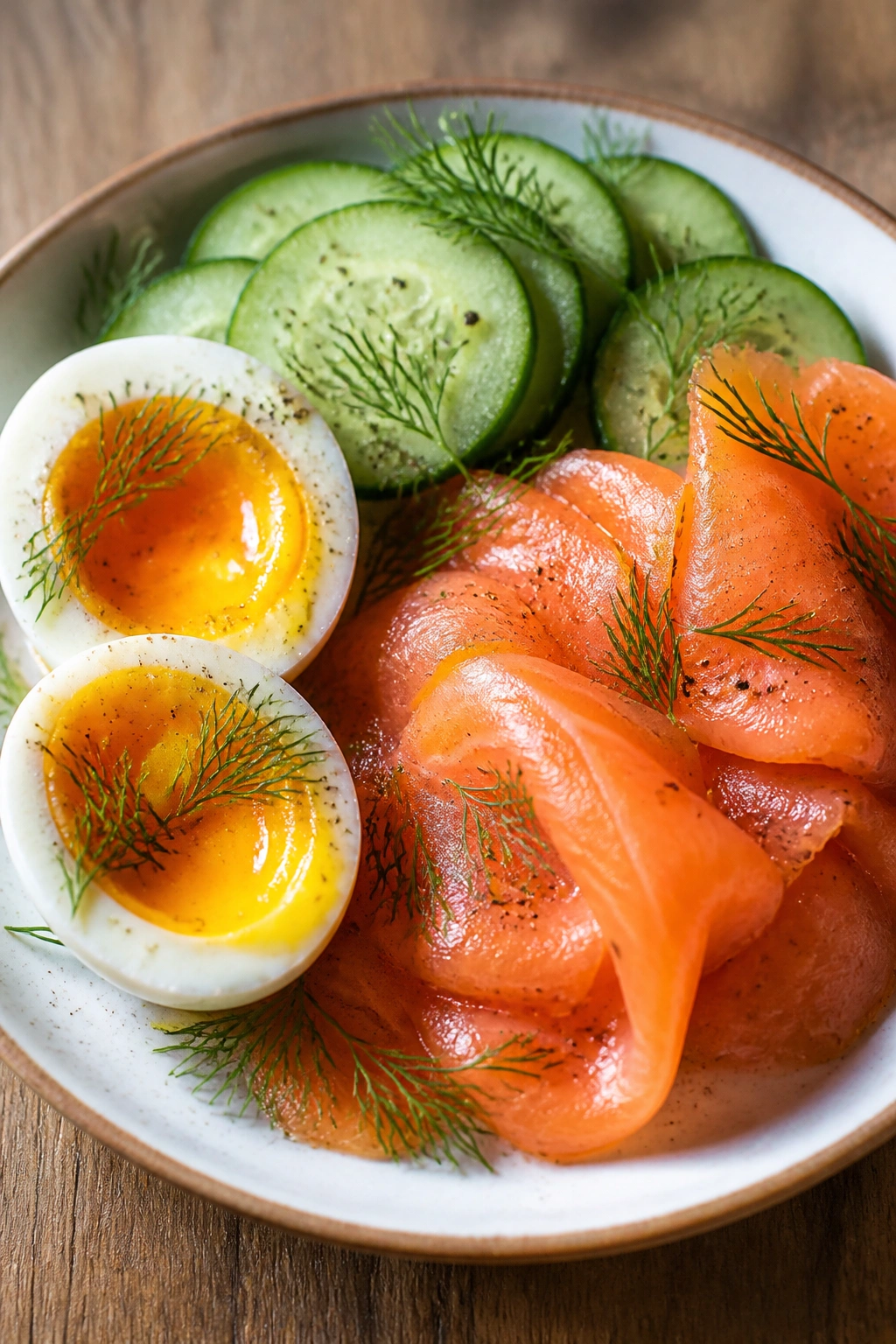 Plate of smoked salmon and soft-boiled eggs with cucumber and dill on a wooden table