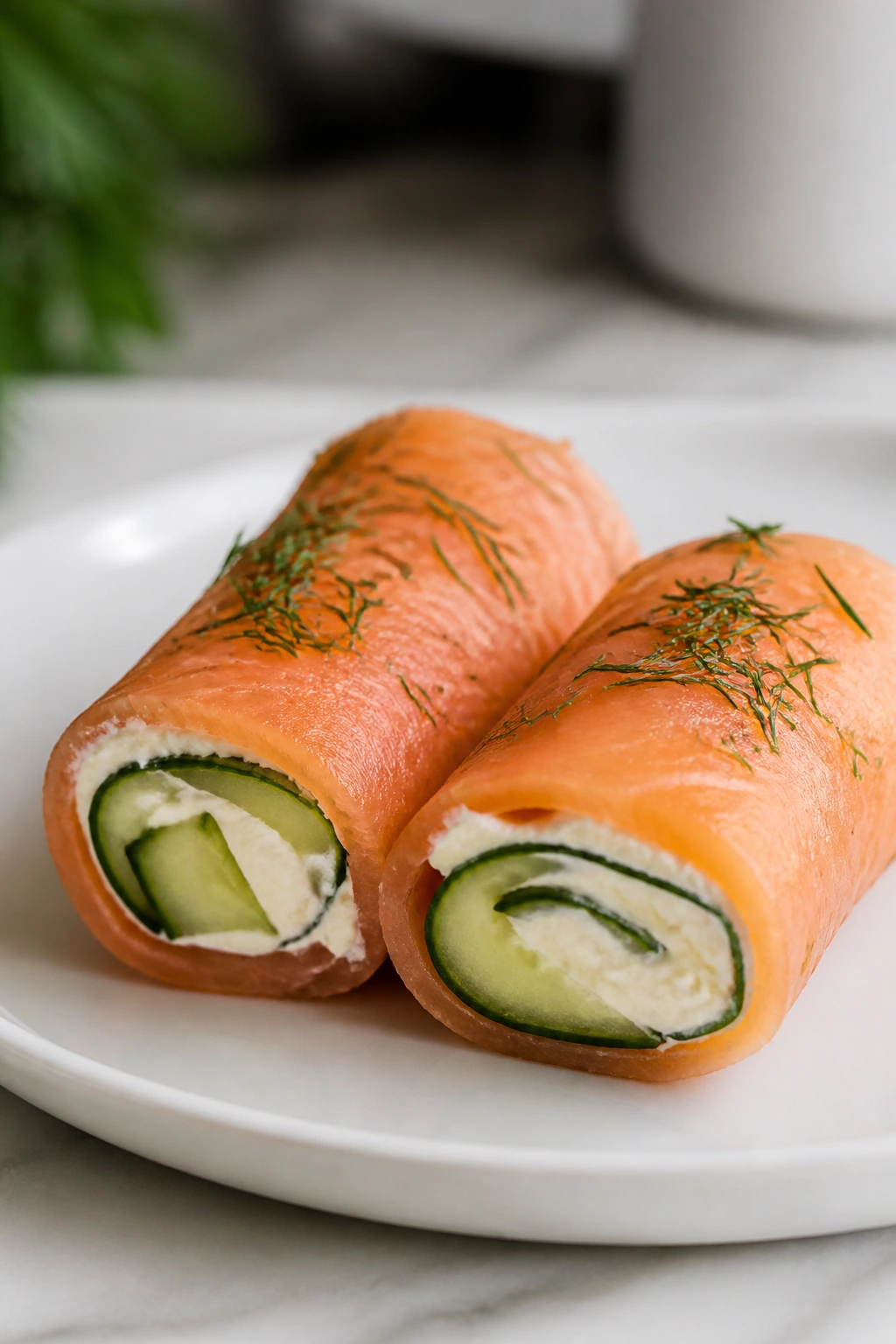 Two smoked salmon roll-ups with cucumber ribbons on a plate.