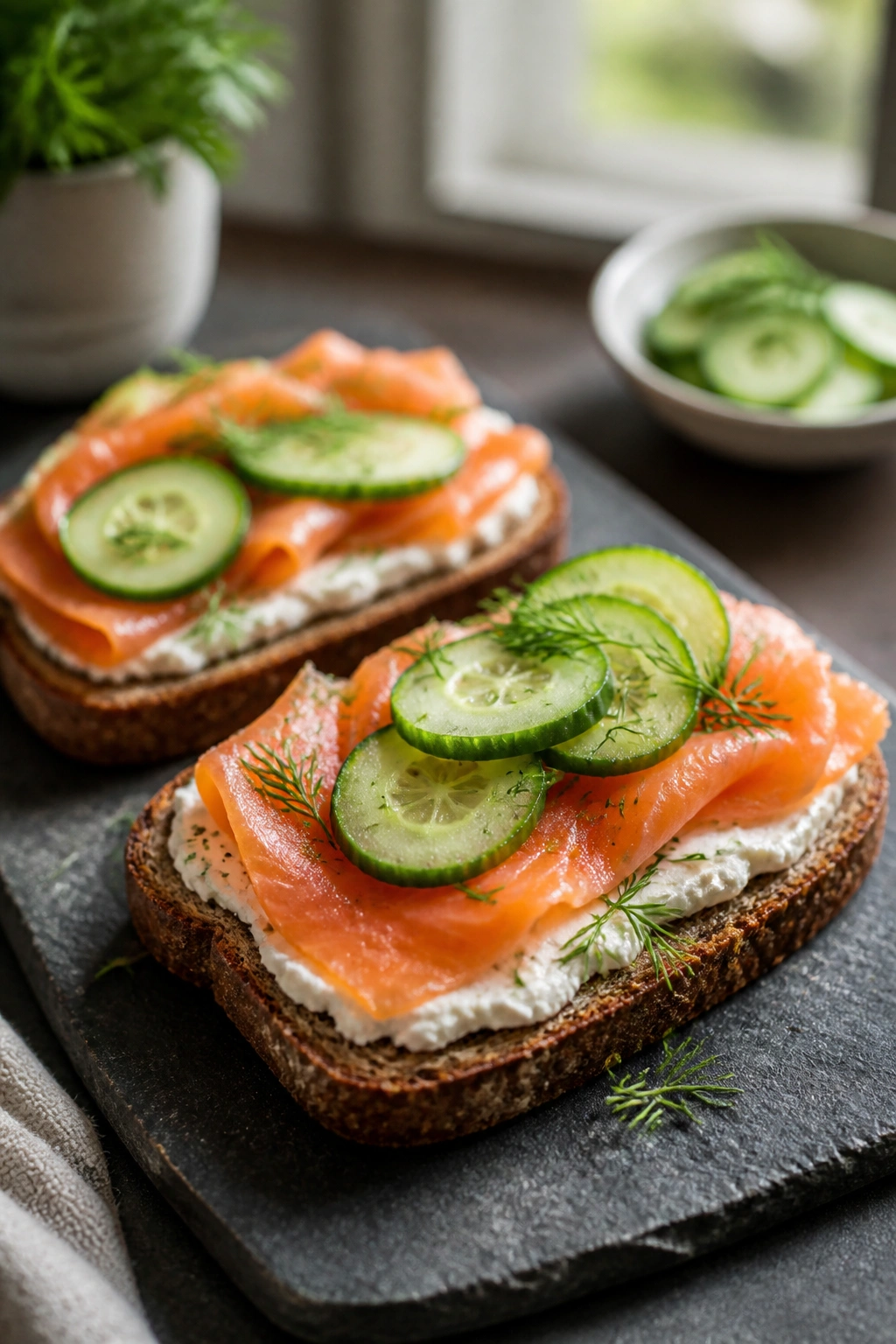 Two rye toasts topped with smoked salmon and cucumber on a dark board