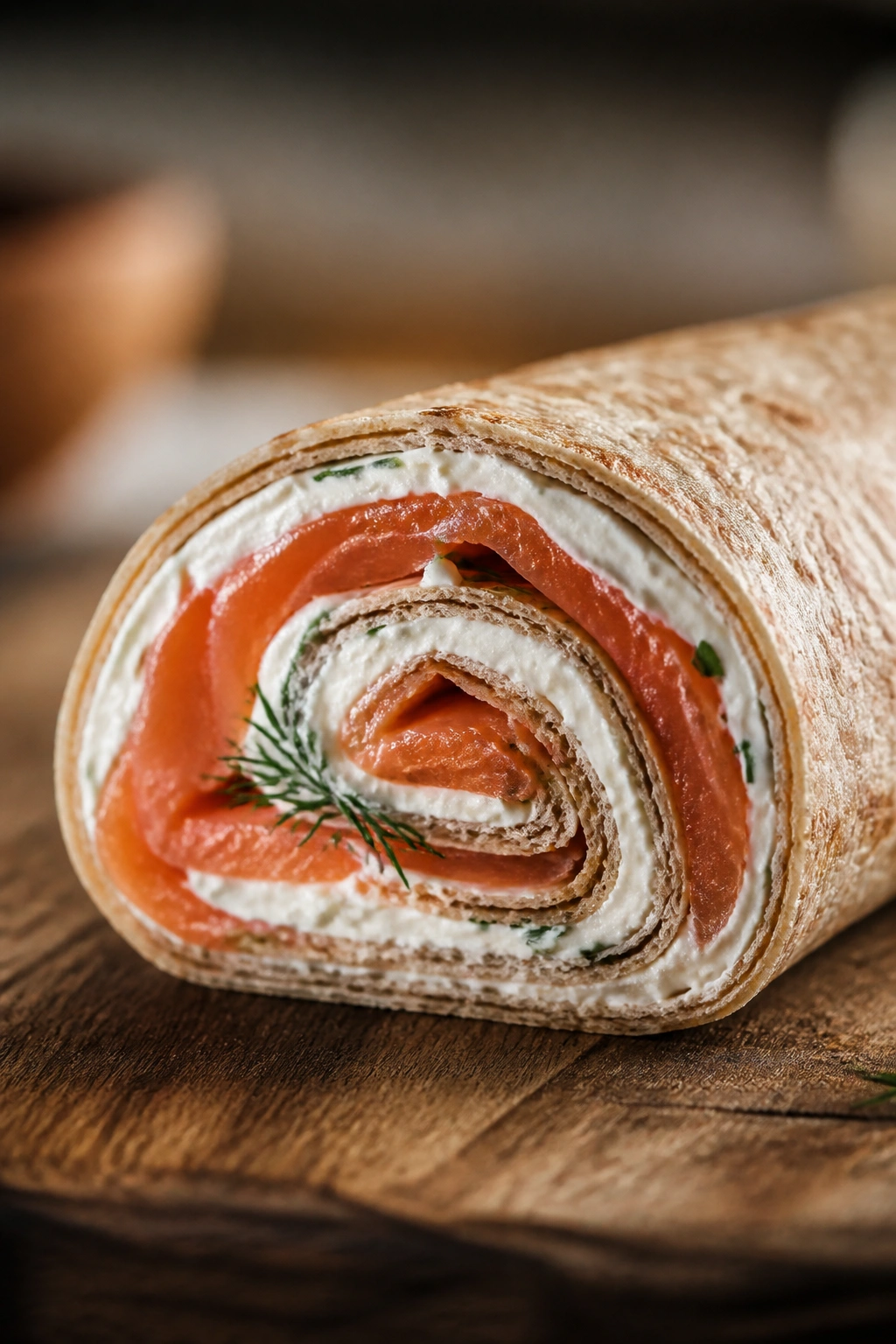 Close-up of a smoked salmon and cream cheese wrap sliced to reveal filling on a wooden board