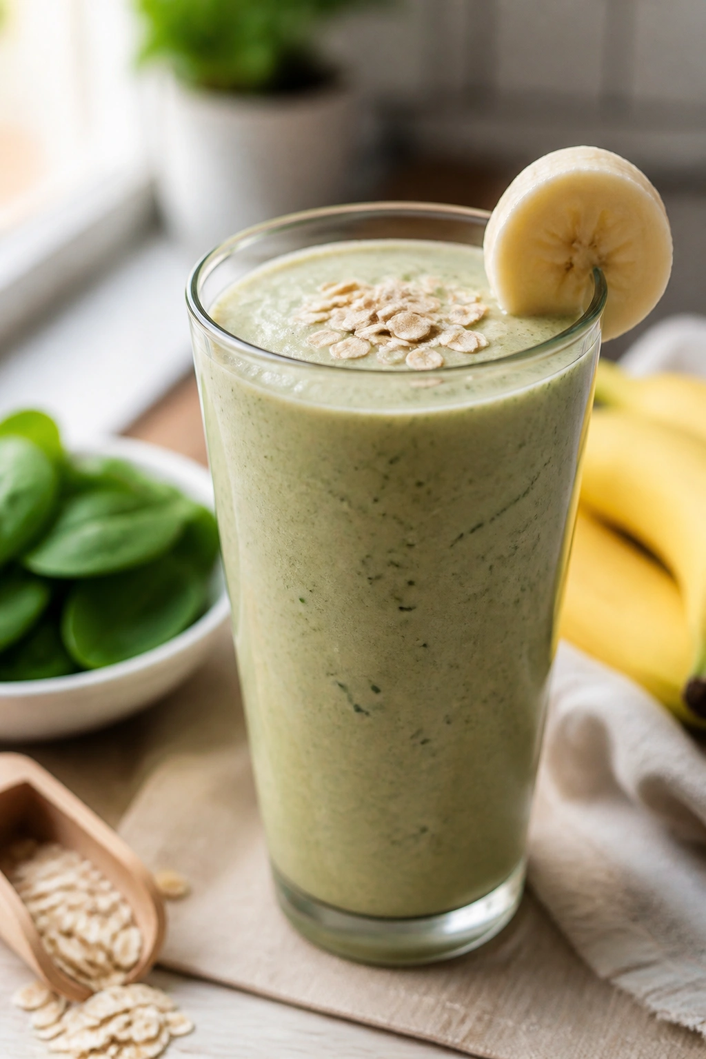Tall glass of pale green banana oats spinach smoothie on kitchen counter