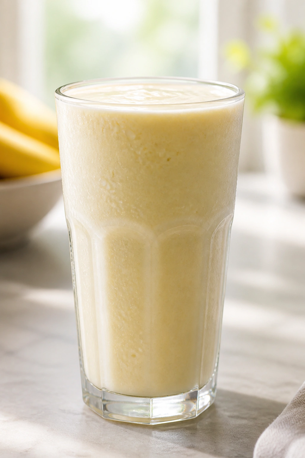 Tall glass of pale banana yogurt smoothie