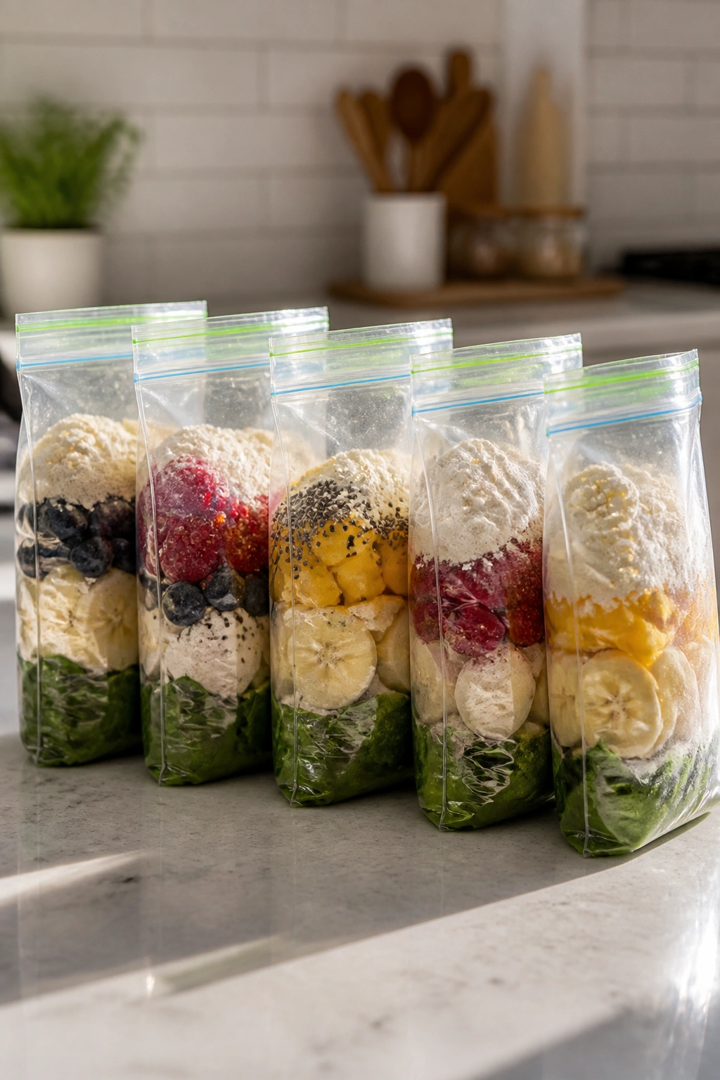 Five freezer bags with spinach, berries, bananas, protein powder, and chia seeds on a kitchen counter.