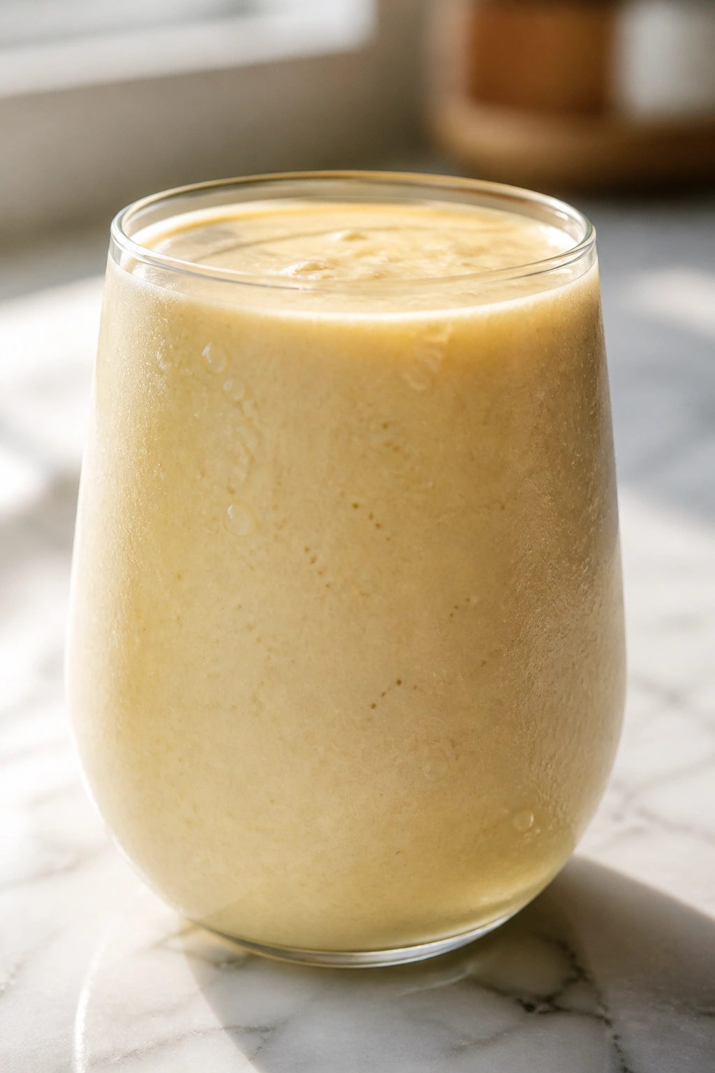 Close-up of a glass of pale smoothie on a kitchen counter