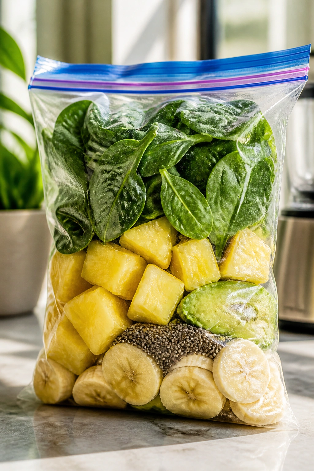 Freezer bag packed with smoothie ingredients filling the frame in a bright kitchen.