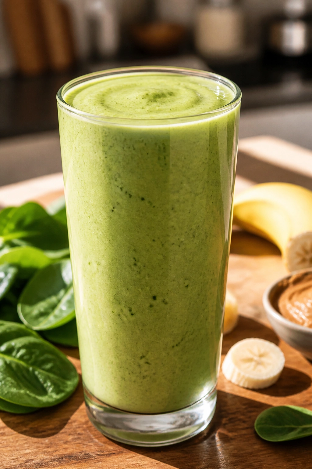 Close-up of pale green spinach banana protein smoothie in a glass
