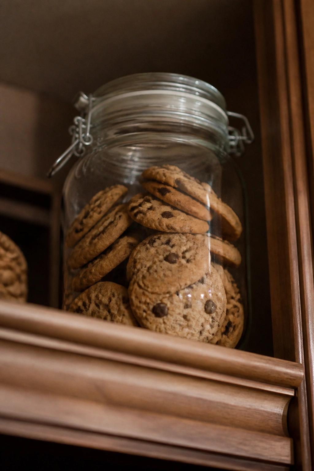 Sealed jar of cookies on a high pantry shelf