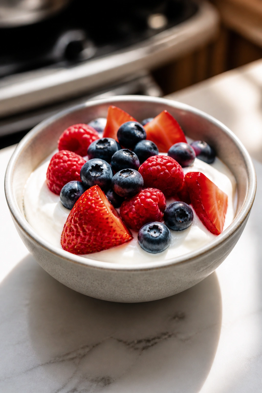 Close-up of a portion-controlled Greek yogurt with berries on a kitchen counter