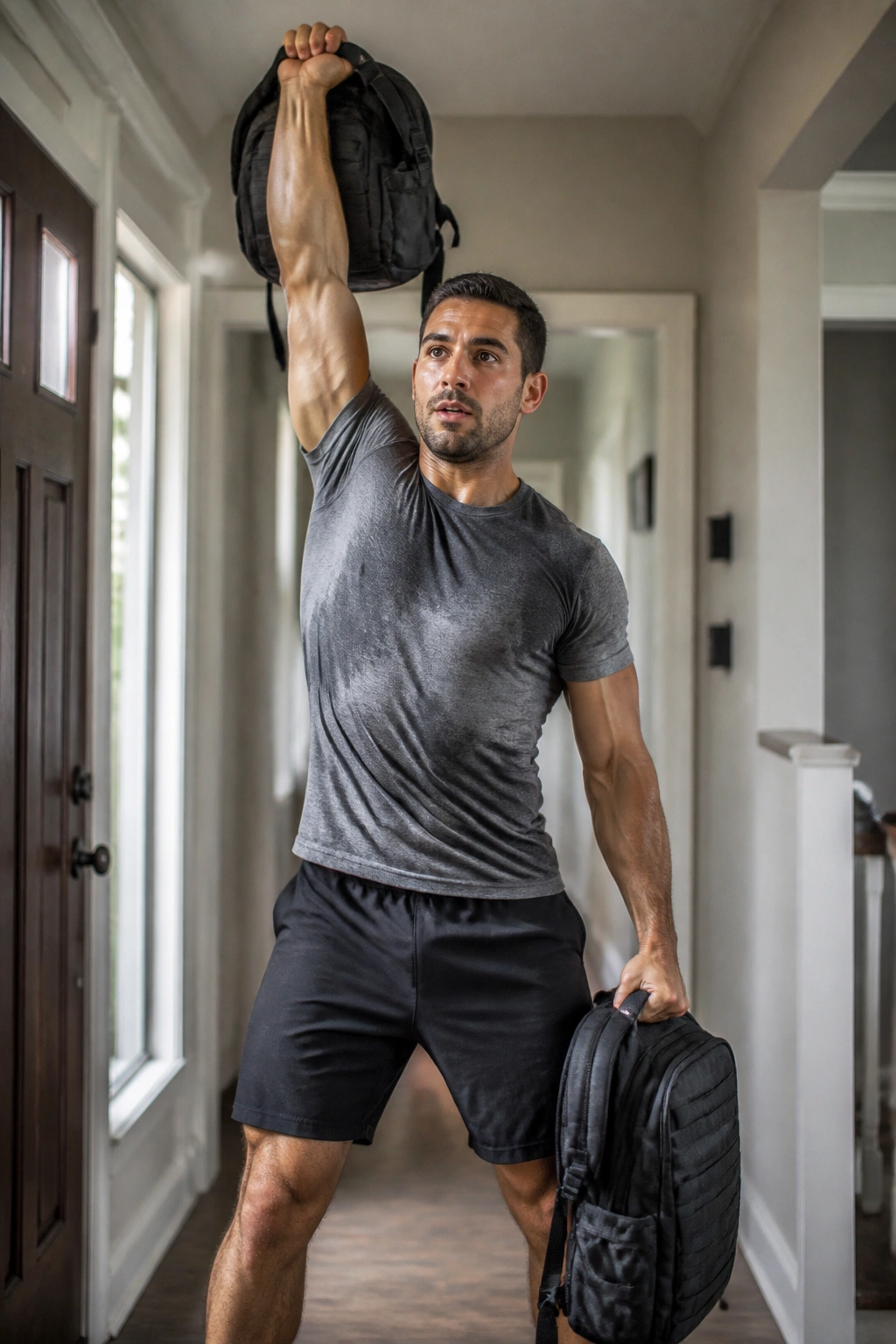 Athlete performing a single-arm snatch with a backpack in a home hallway