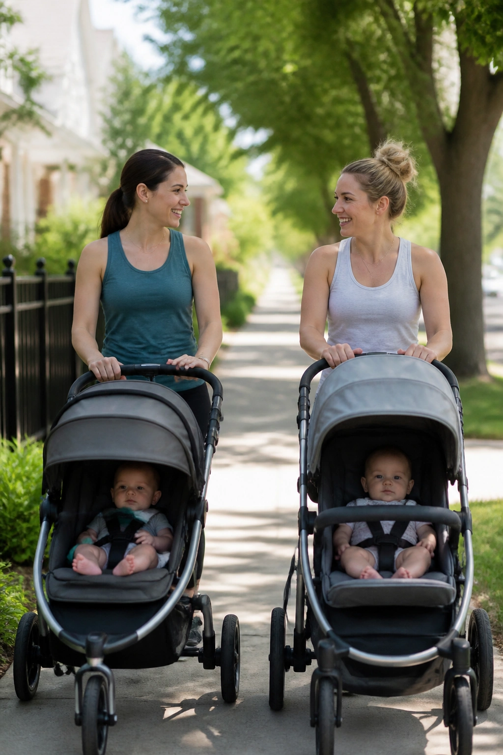 Two real moms walking with strollers and talking along a tree-lined sidewalk