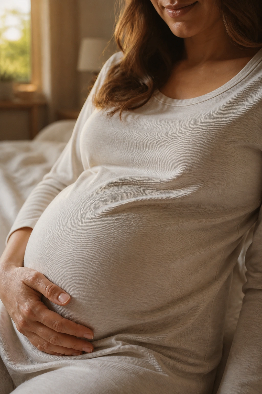 Close-up of pregnant belly in soft cotton fabric, highlighting breathable maternity clothing