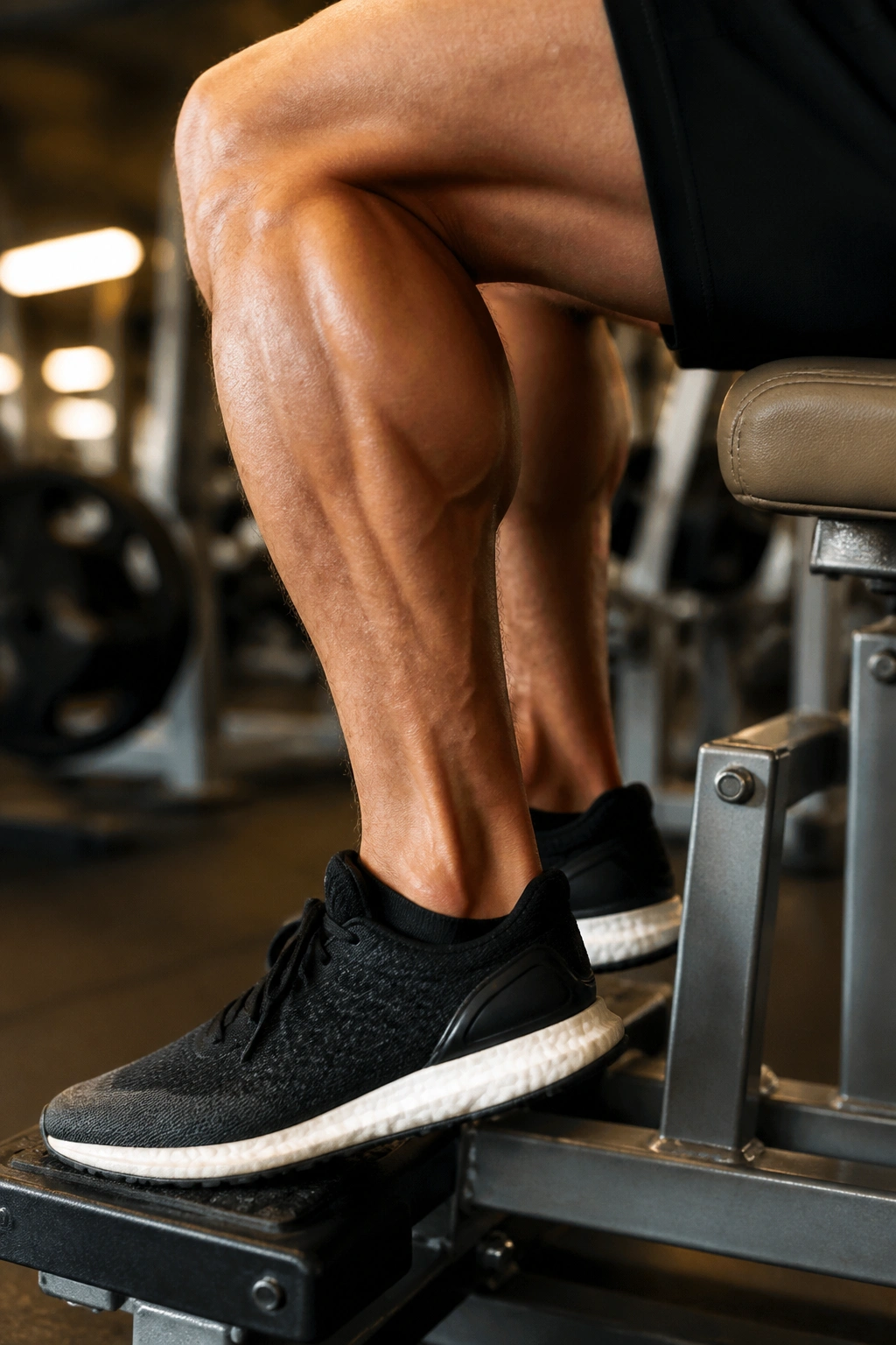 Lower leg on seated calf raise machine focusing on the soleus