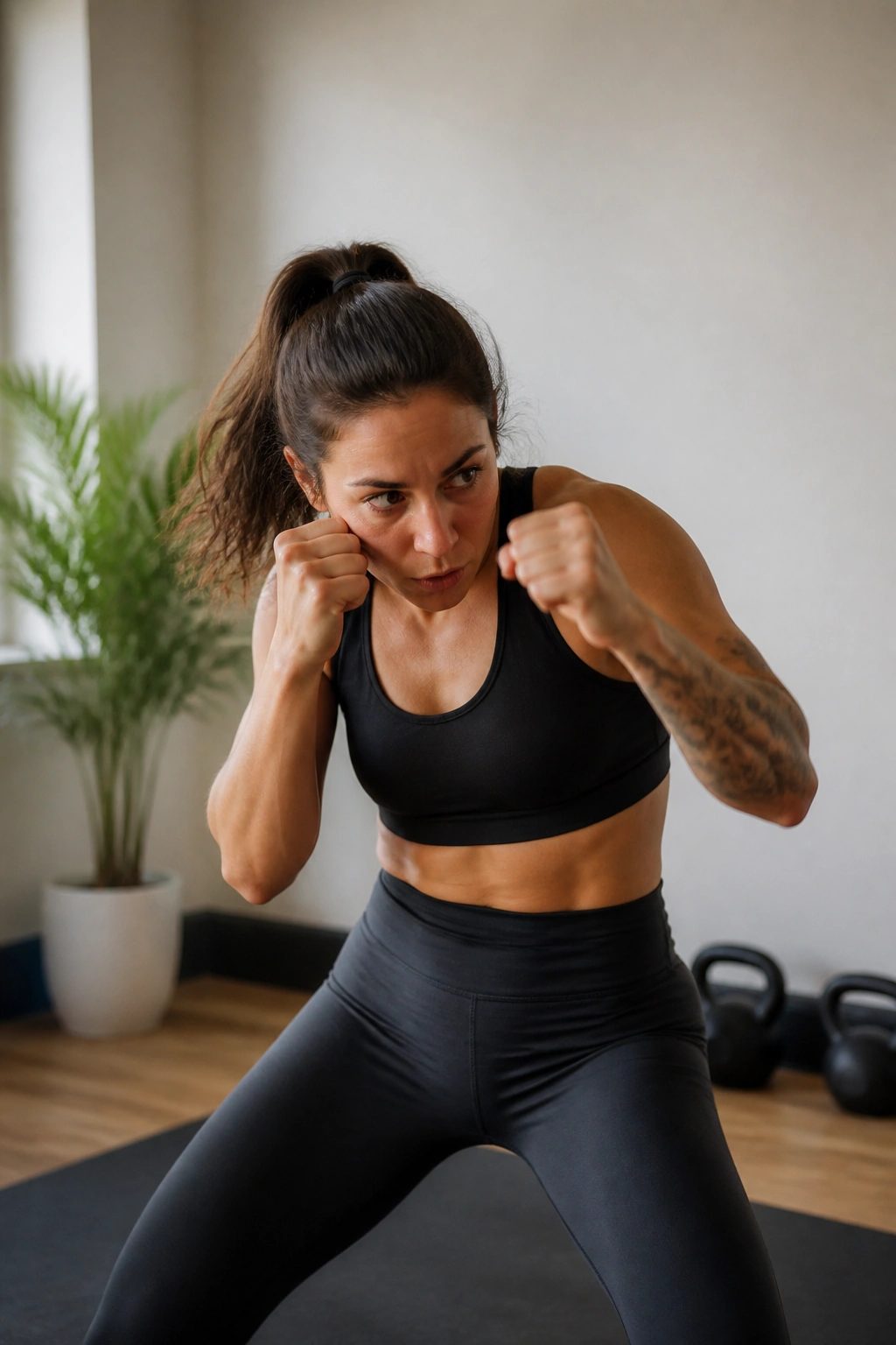 Real person solo practicing slips, rolls, and blocks in a home gym