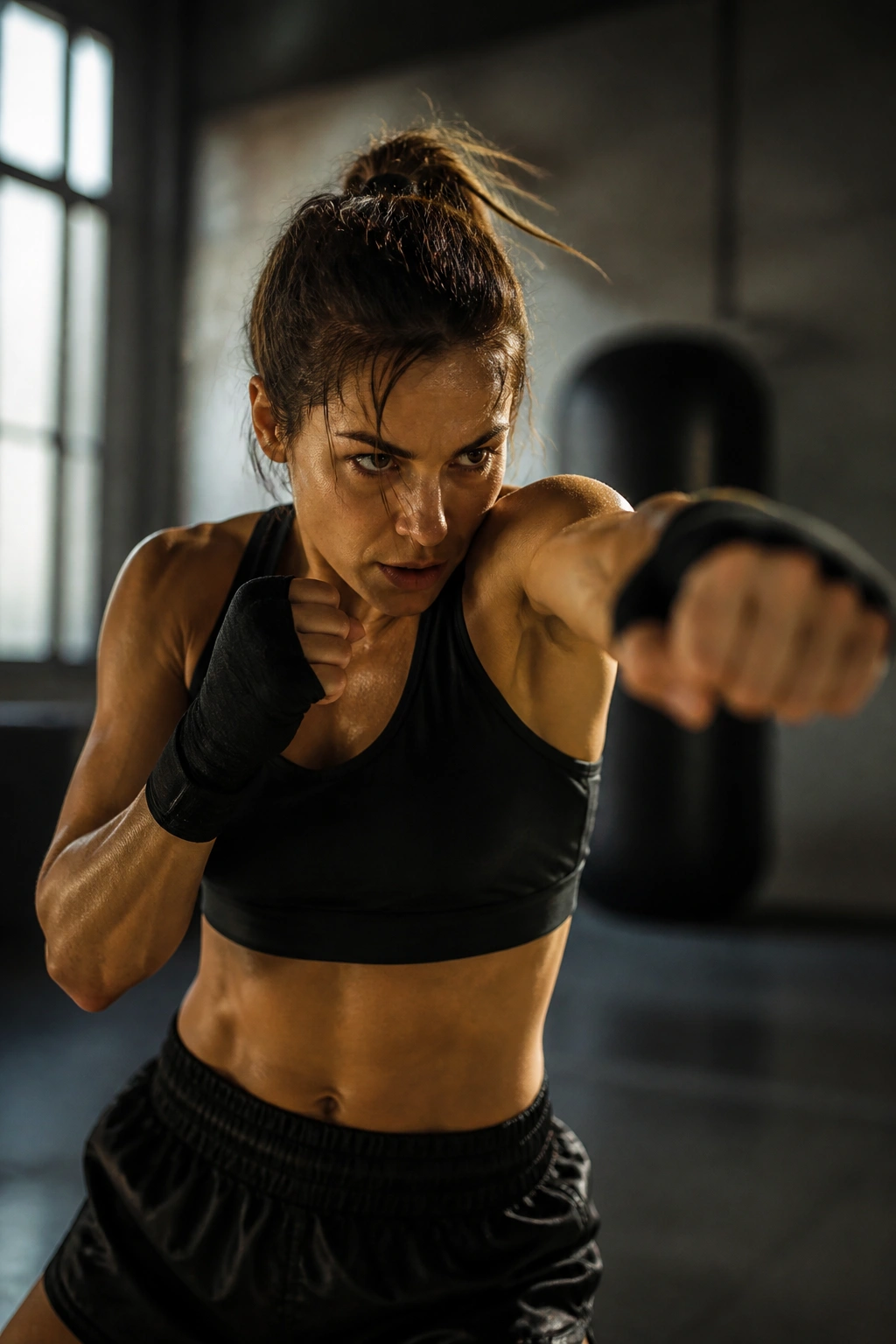 Athlete simulating mitt-work in solo cardio setting