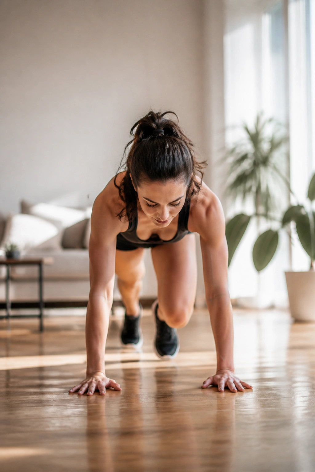 Real person doing burpee in a bright living room, capturing solo partner-style workout.