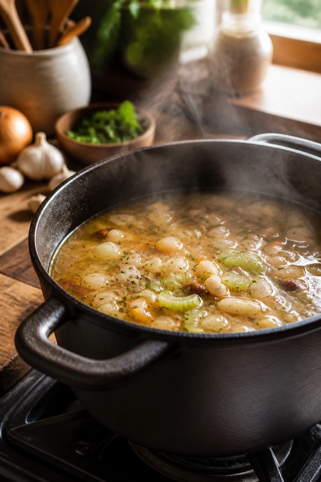 Close-up of steaming soup in a cast-iron pot on a stove in a warm kitchen