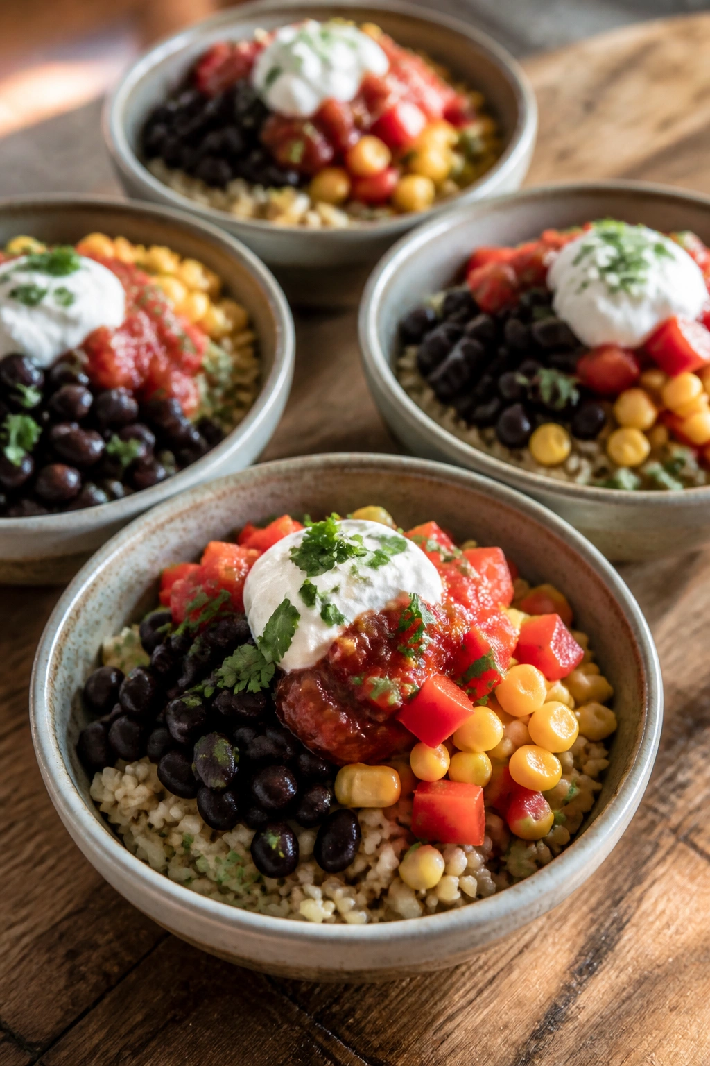 Close-up of Southwestern Black Bean Breakfast Bowls with rice, beans, and peppers on a rustic counter
