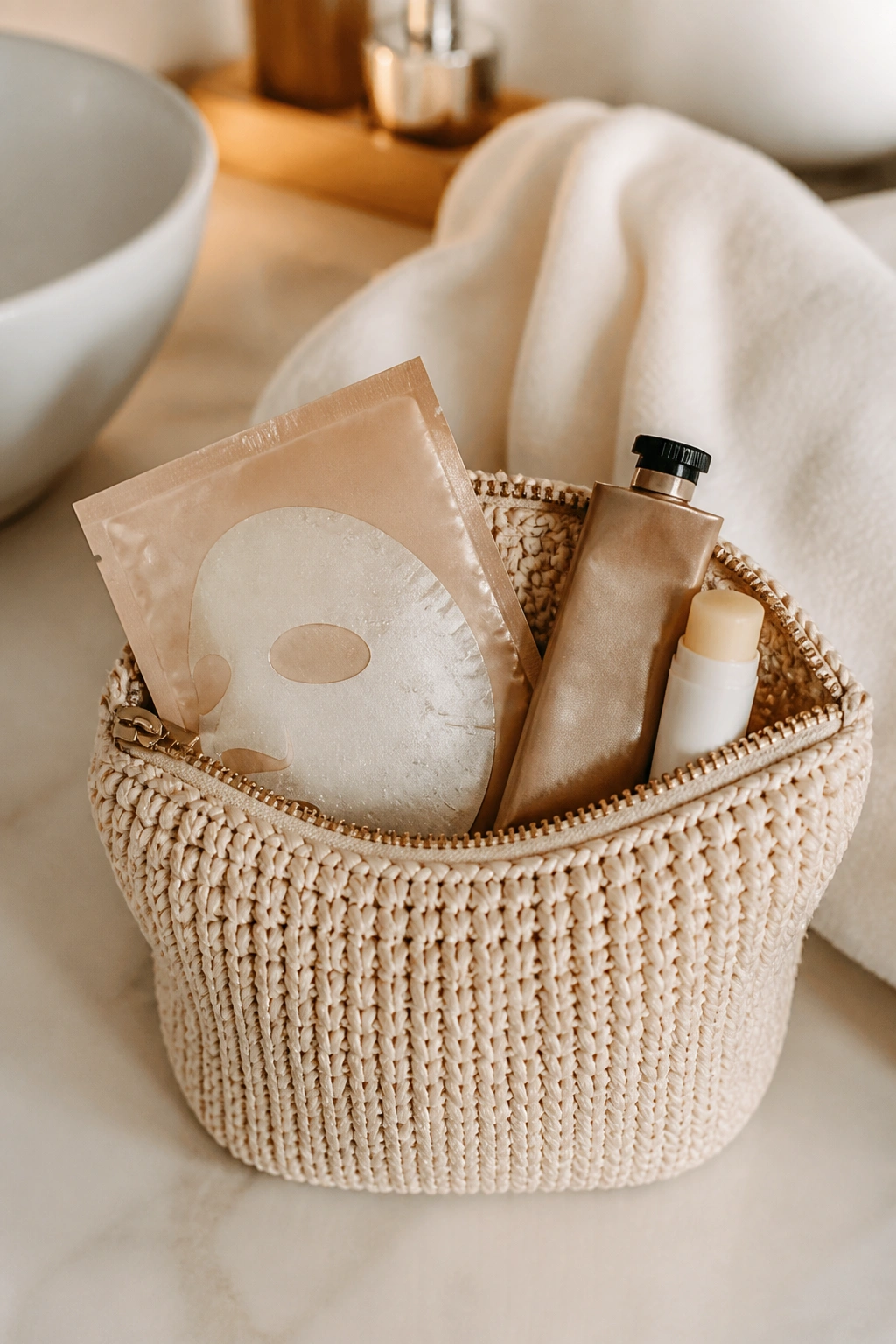 Spa kit with mask, hand cream, and lip balm on a counter