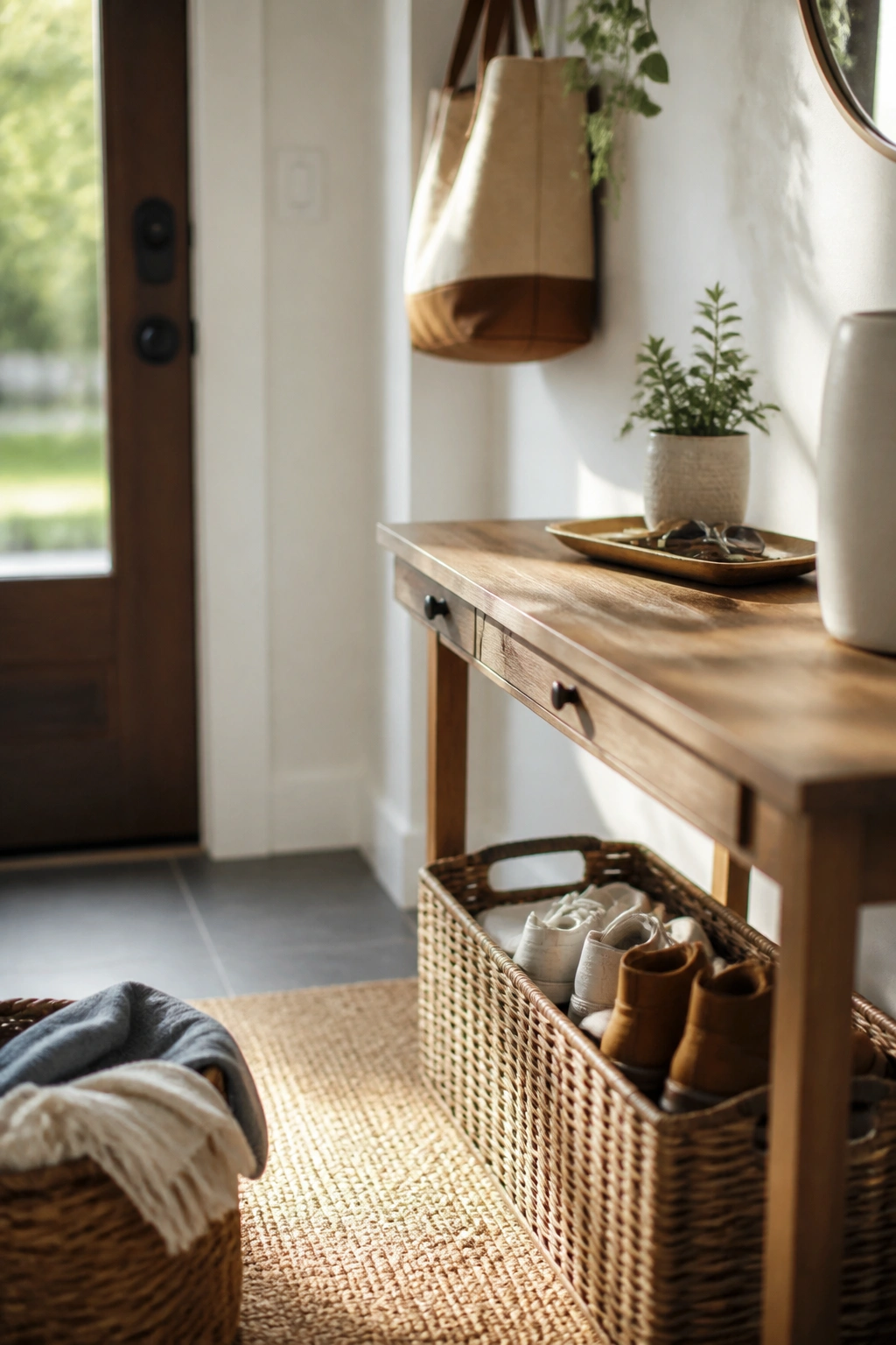 Medium shot of a tidy entryway with a shoe basket and tray, showing easy-to-reset landing zones