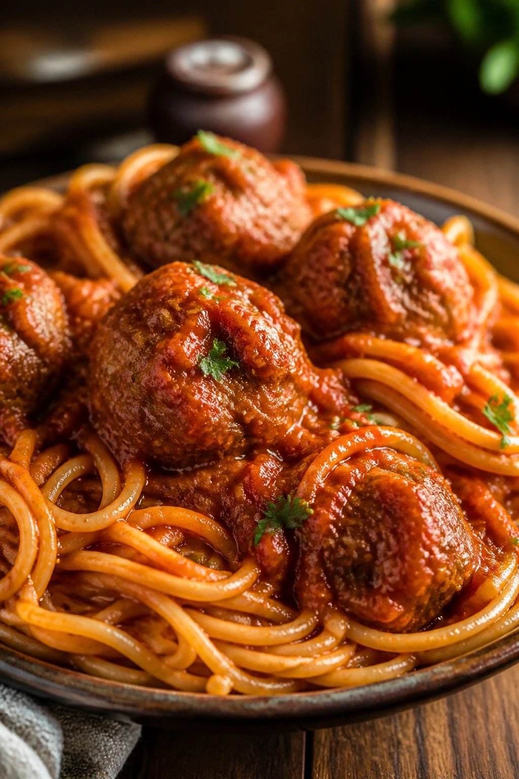 Close-up of spaghetti with meatballs in tomato sauce on plate