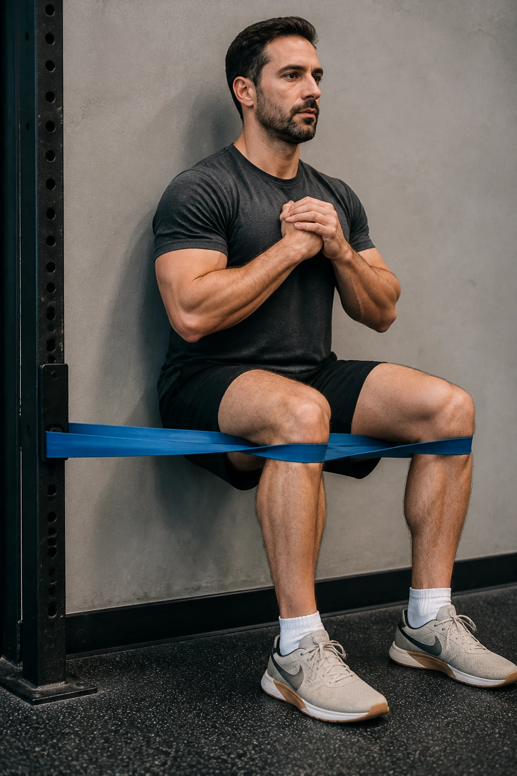 Real person performing Spanish squat hold with band behind knees in gym setting