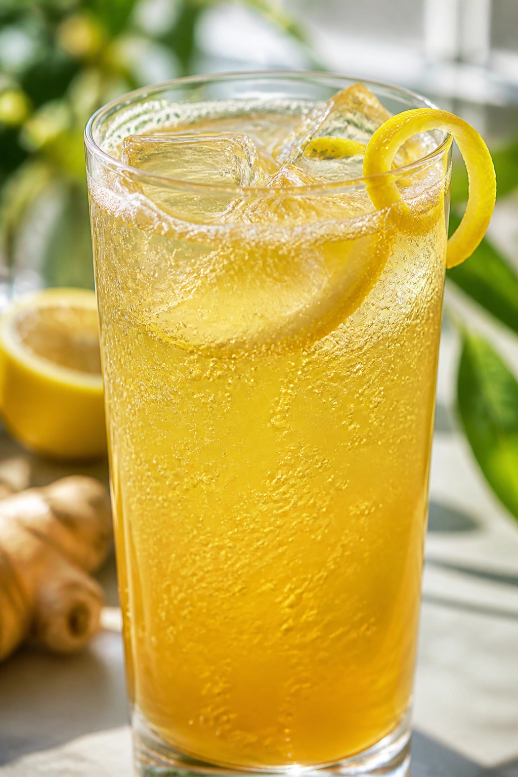 Glass of sparkling lemon ginger turmeric tea with bubbles.