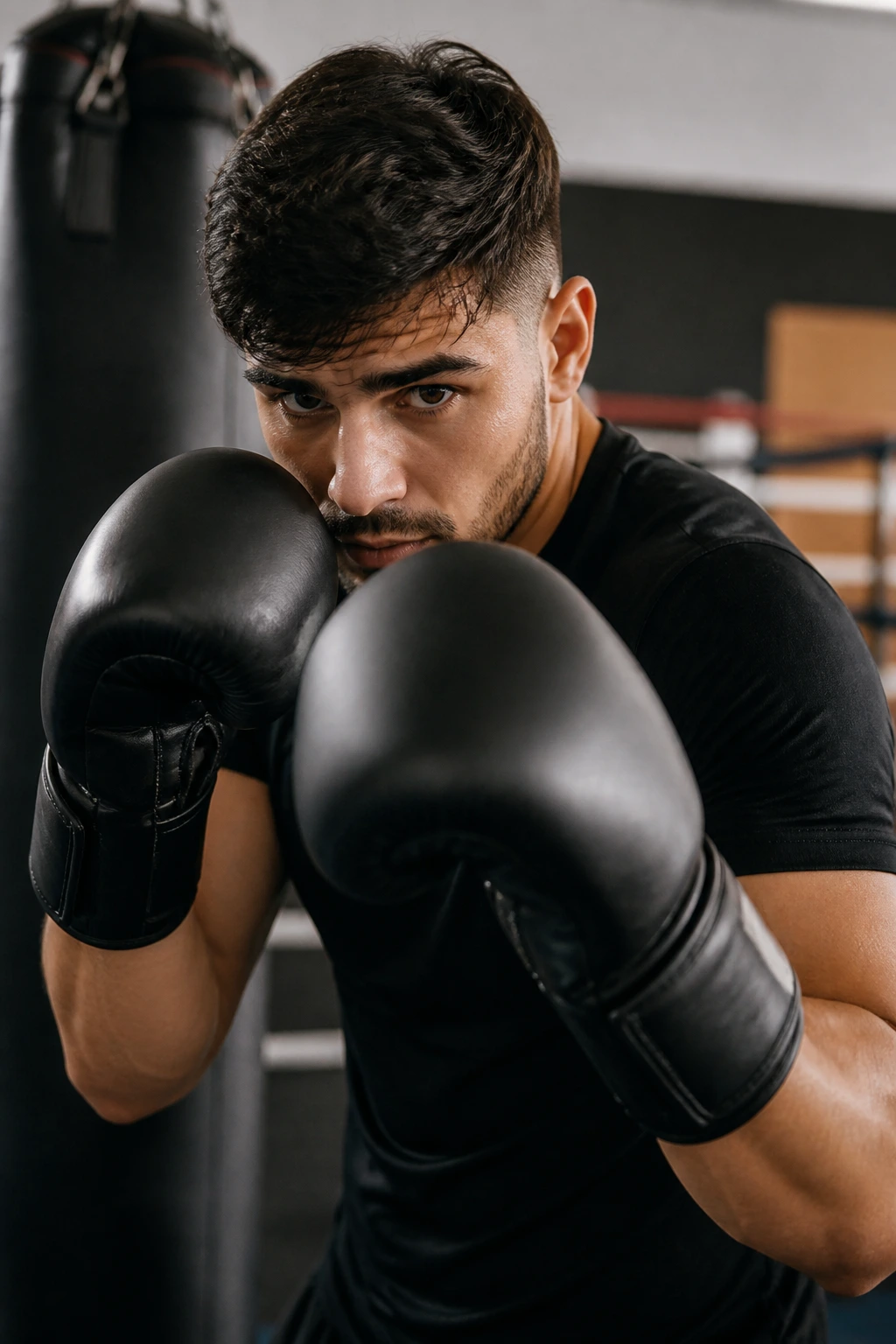 Real boxer in sparring-prep stance with guard up
