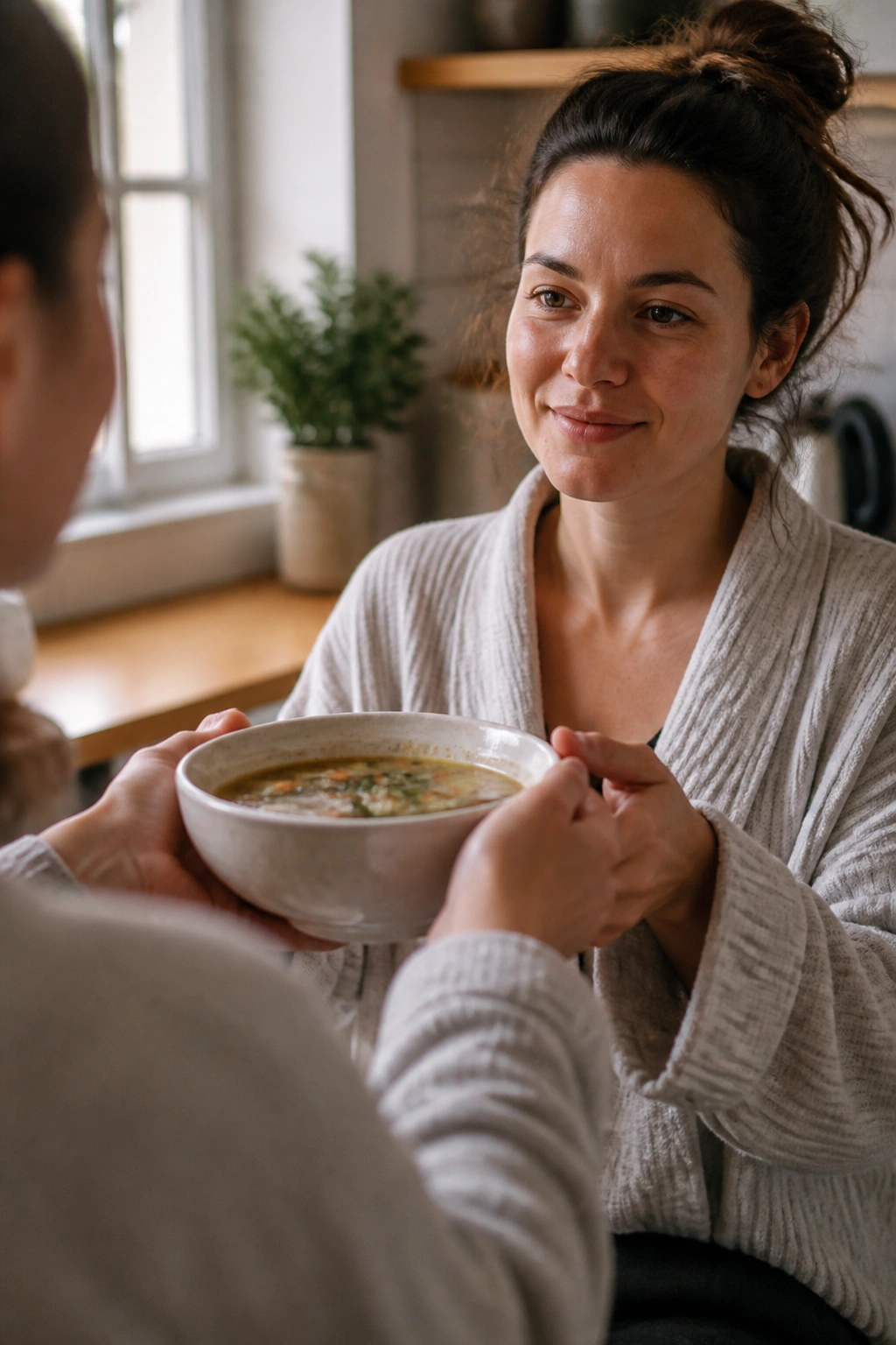 Postpartum woman receiving a warm bowl of soup from a friend in a cozy kitchen