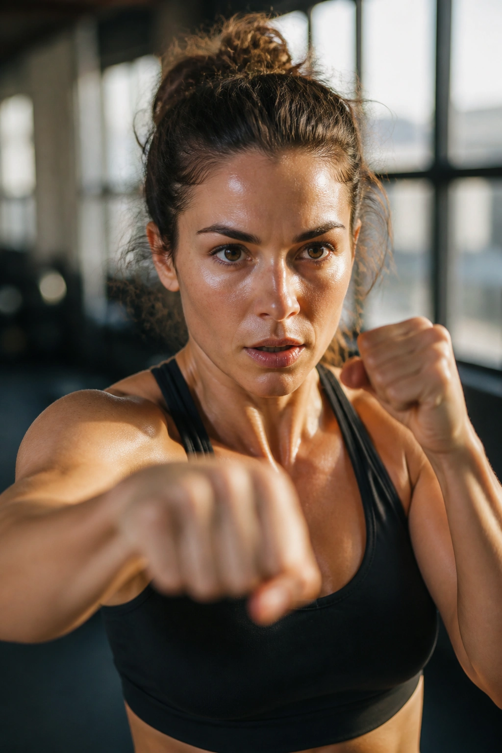 Close-up of athlete performing speed bag mimicry with rapid circular air punches in a gym.
