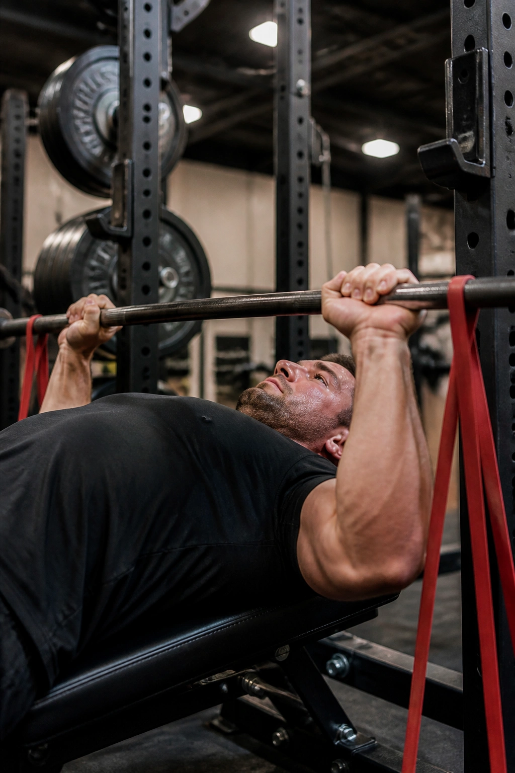 Athlete performing speed bench press with bands in gym