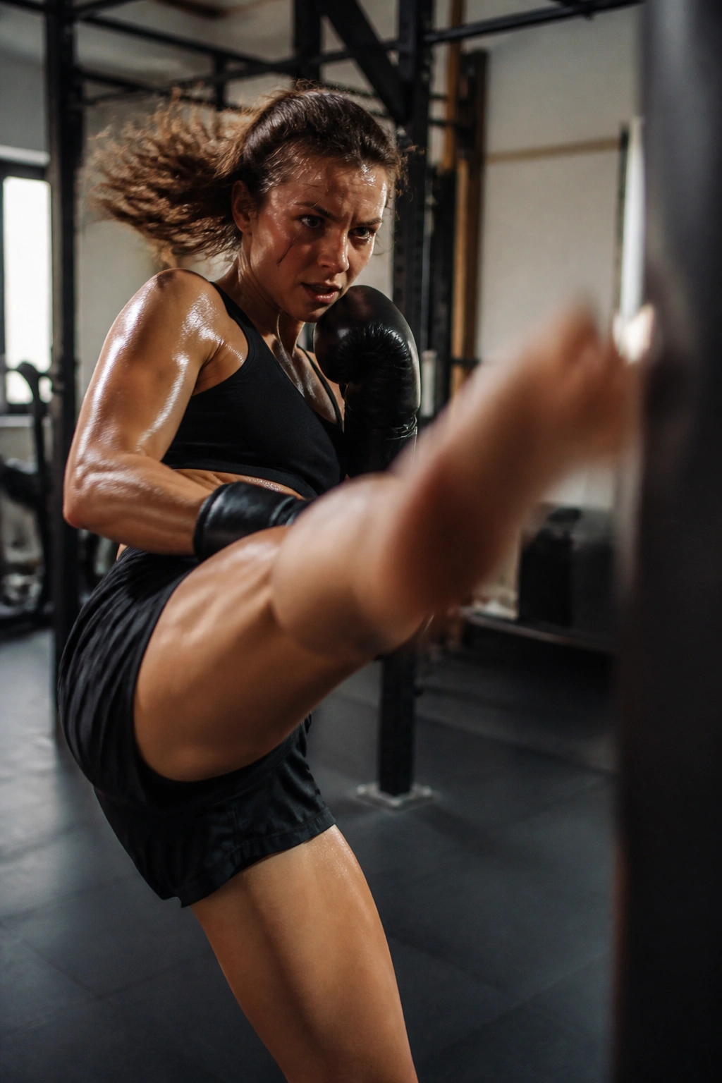 Athlete executing speed kicks in gym
