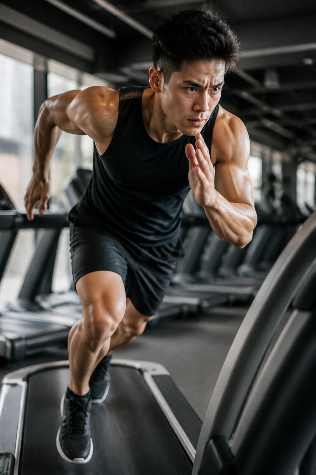 Real person on treadmill performing speed ladder HIIT