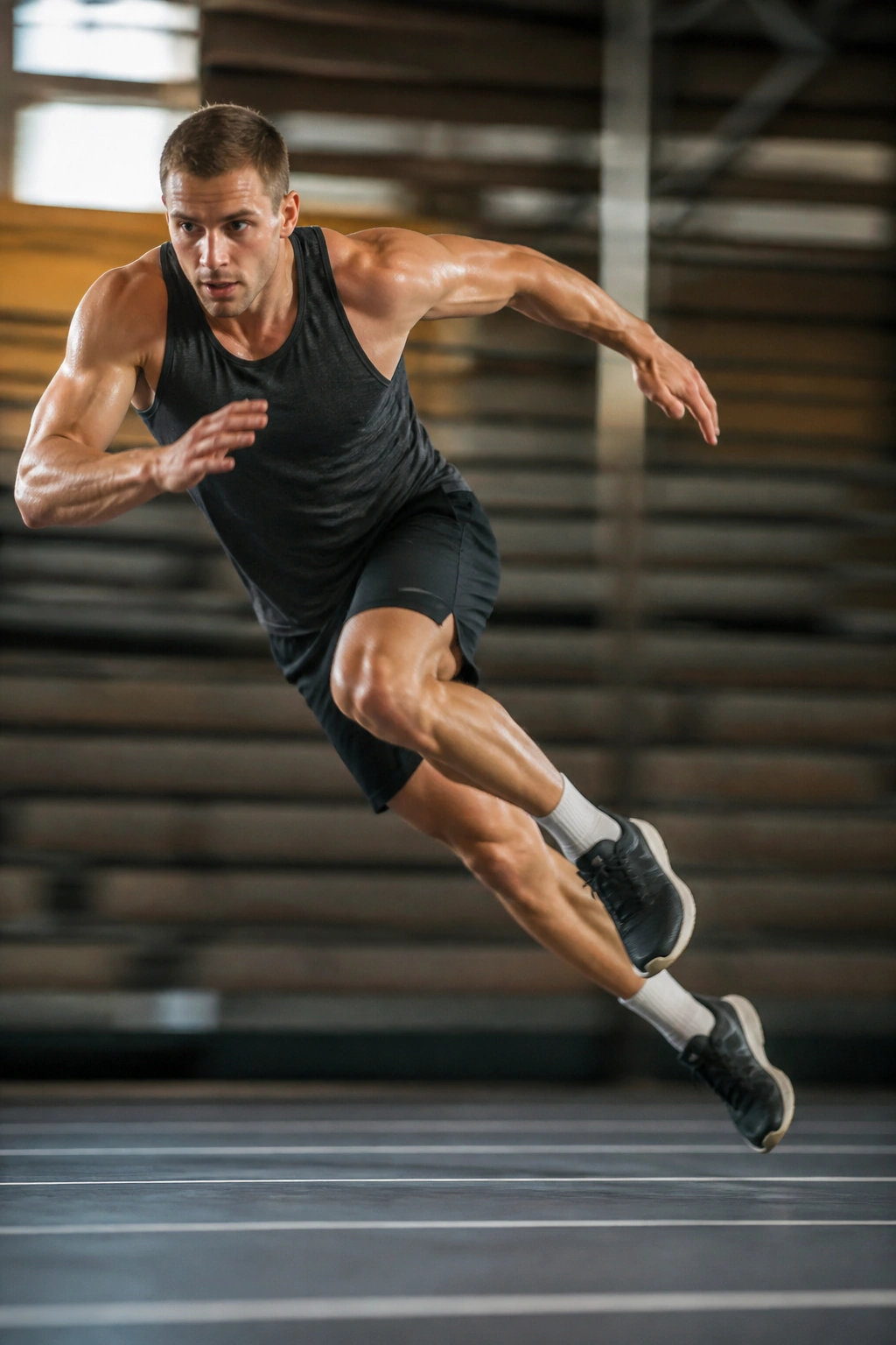 Real athlete performing speed skater leap with lateral bound during cardio circuit