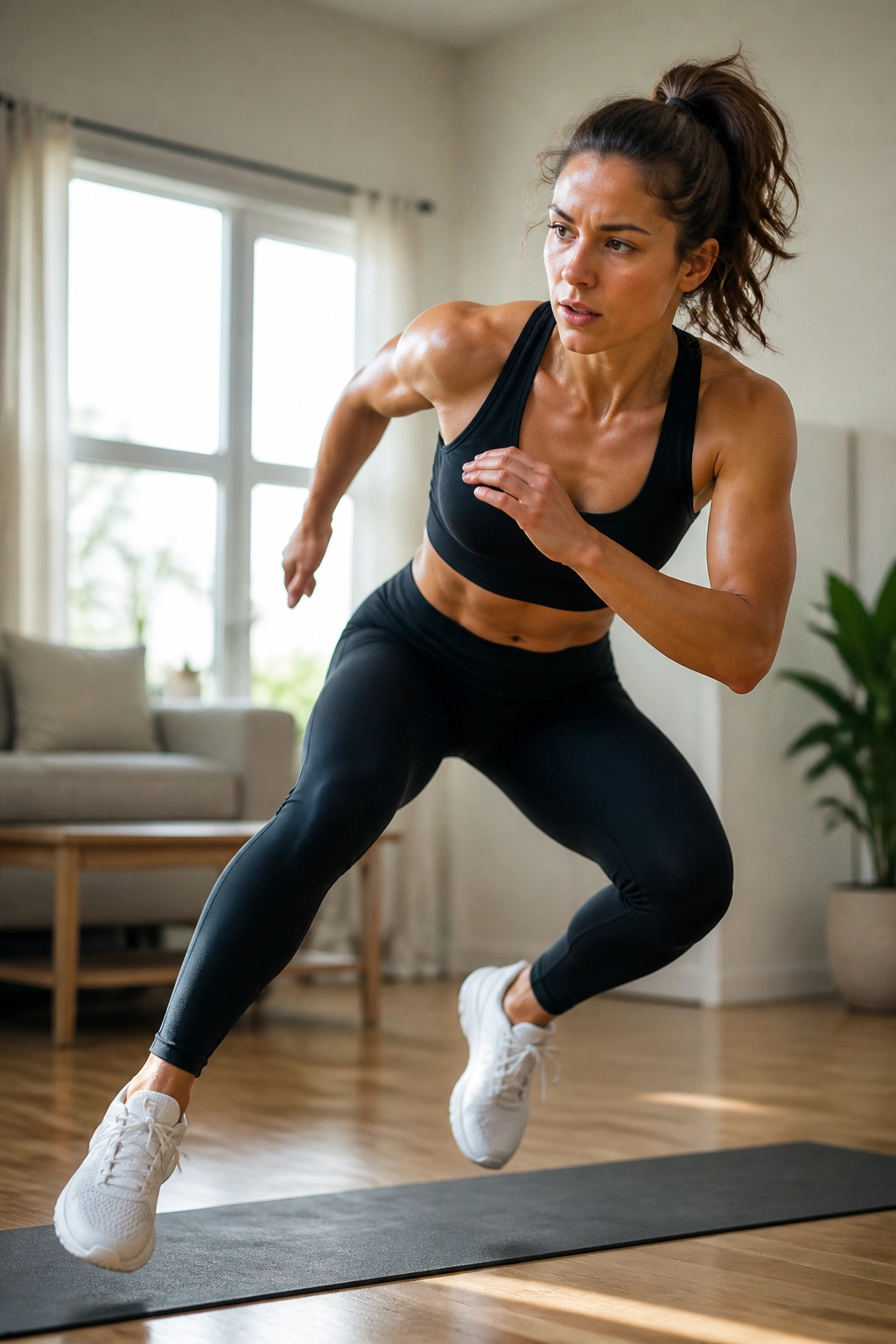 Mid-action shot of a woman performing speed skater hops in a bright living room