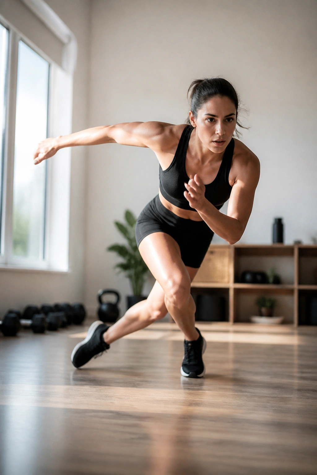 Dynamic speed skaters move showing lateral jump and landing