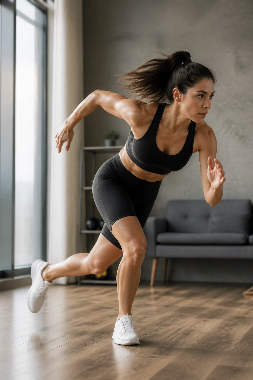 Side view of a person performing speed skaters exercise in a bright room