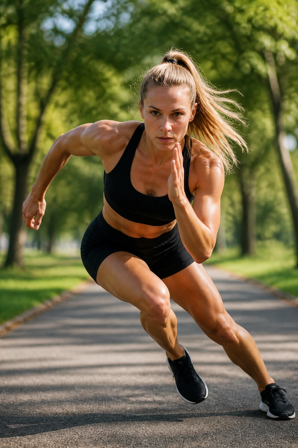 Close-up of a person performing speed skaters on a sunlit park path, emphasizing oblique engagement and balance.